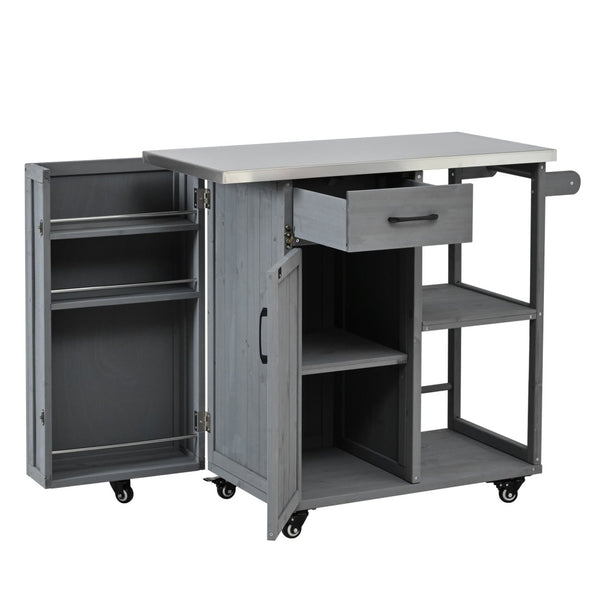 English Elm Foldable Outdoor Kitchen Cart with Stainless Worktop Fir Wood Frame and Lockable Wheels Grey N719P380278E