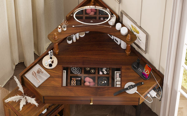 English Elm Corner Vanity Desk Set with Stool Charging Station Glass Top Pull-Out Cabinet Jewelry Organizer Walnut 35.82 L x 32 W x 8 H N733P336237D