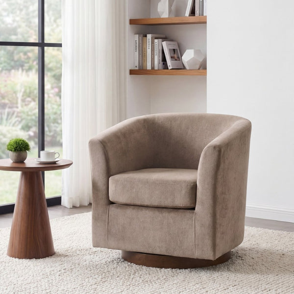 English Elm Halo Velvet Barrel Swivel Accent Chair with Bentwood Ring Base for Living Rooms Light Brown N776P378583B
