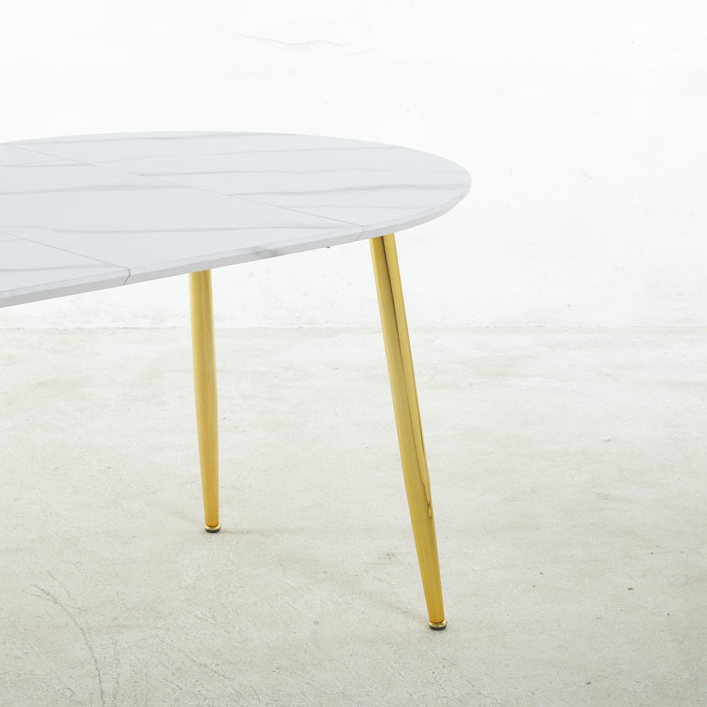 English Elm Extendable modern dining table with MDF top and sturdy metal legs, elegant gold accents, versatile use White Marble W234P294274