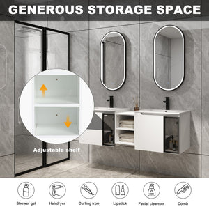 English Elm 60" Floating Double Sink Bathroom Vanity Glossy White Plywood with Frosted Glass Doors W999S00532