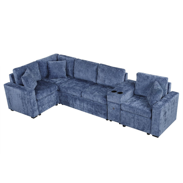 English Elm 120.5" L-shaped Convertible Sofa Bed Modular Sectional with Pull-Out Sleeper, Chenille, Storage, Cup Holders Blue N719S001940C