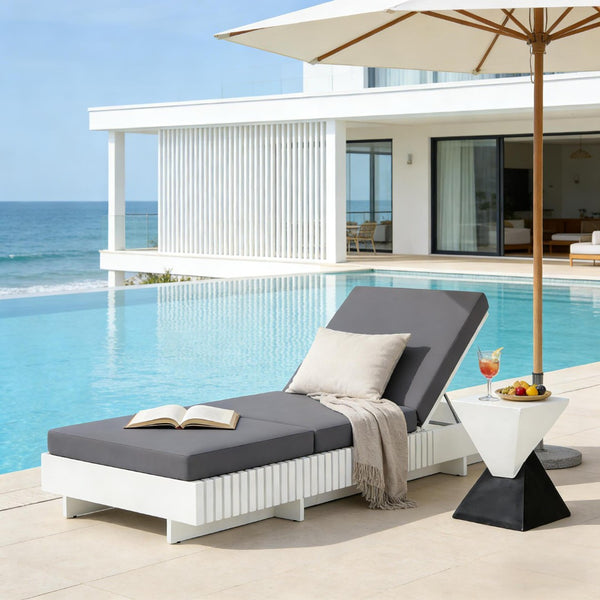 English Elm Modern Acacia Wood Outdoor Chaise Lounge Slatted Reclining Poolside Sun Chair Dark Grey,White N770P281696W_N770P208326G