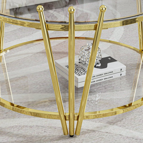 English Elm 31.5inch Modern Luxury Gold Coffee Table with Two-Tier Storage, Tempered Glass Top, Elegant Crown Design Clear W1550P171448