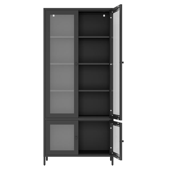 English Elm Large Metal Storage Cabinet with 4 Tempered Glass Doors, 5 Adjustable Shelves, Rust‑Resistant Steel, Black — Stylish Display & Secure Home Office Storage W2378P176271