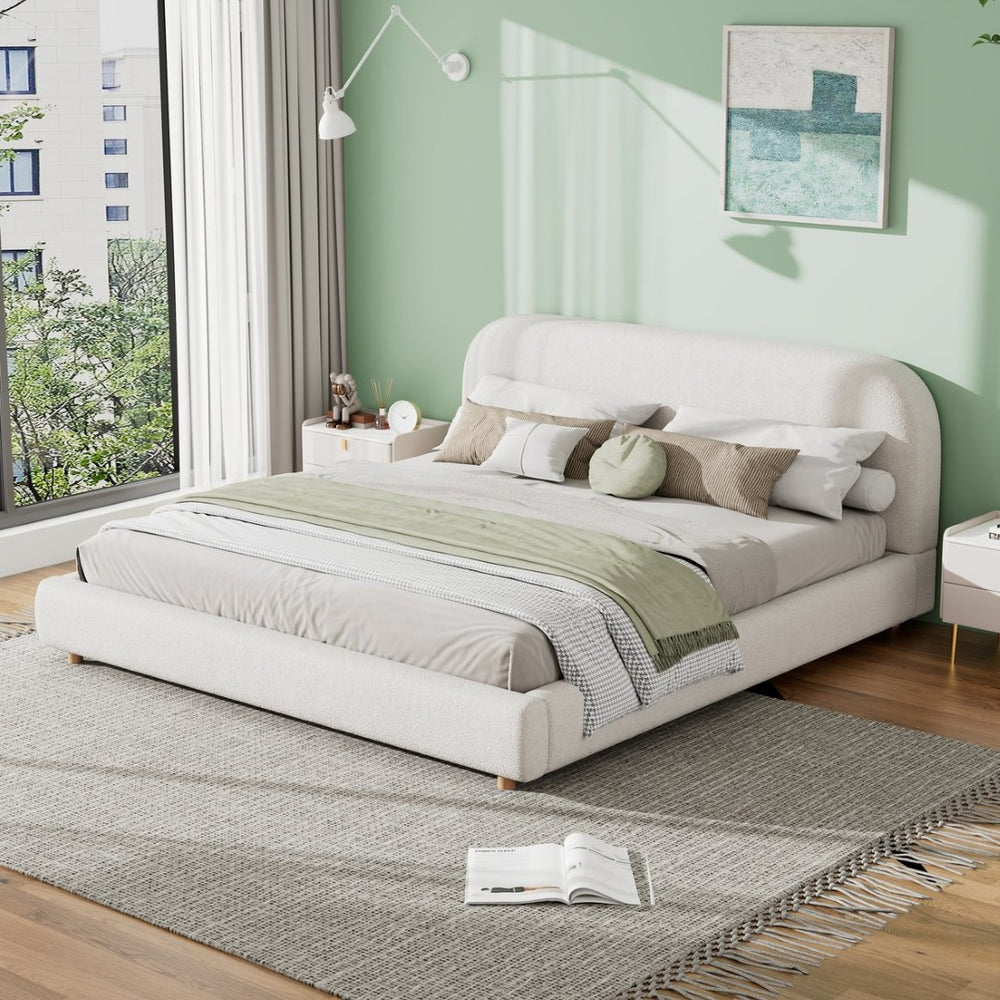English Elm King Platform Bed Curved Boucle Upholstered Headboard Solid Rubberwood Legs Modern Bedroom N757P411870K