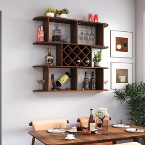 English Elm Large Rustic Wood Wall Mounted Wine Rack with Three Shelves and Stemware Rail Walnut W331P277924