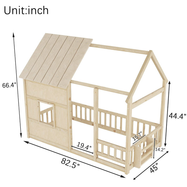 English Elm Twin House Frame Floor Bed Pinewood Build with Led Roofline Kids Bedroom Natural W697P435882