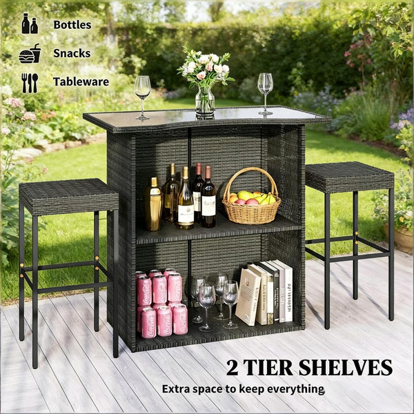 English Elm Bar Height Outdoor Wicker Patio Set with Tempered Glass Table and Four Stools Dark Gray T3971S00211