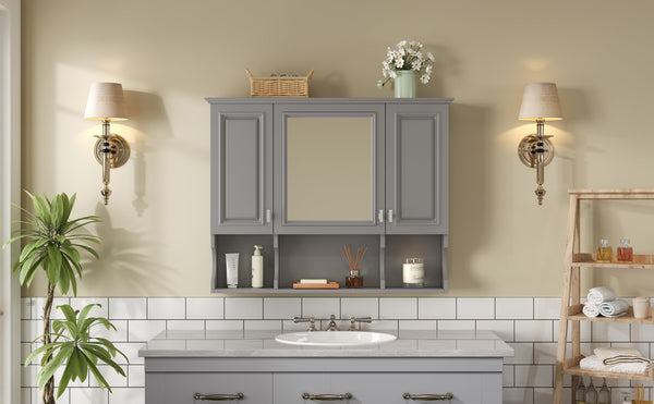 English Elm 35'' Modern Wall-Mounted Medicine Cabinet with Mirror, Hidden Storage and Open Shelves for Bath Gray N710P209443E