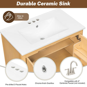 English Elm [video] 30 Inch Freestanding Bathroom Vanity Pine Legs Ceramic Sink Soft Close Storage Oak N759P412928O