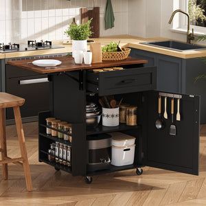 English Elm K&k Farmhouse Rolling Kitchen Cart with Drop Leaf Drawer Open Rack Lockable Wheels Black N707P404539B