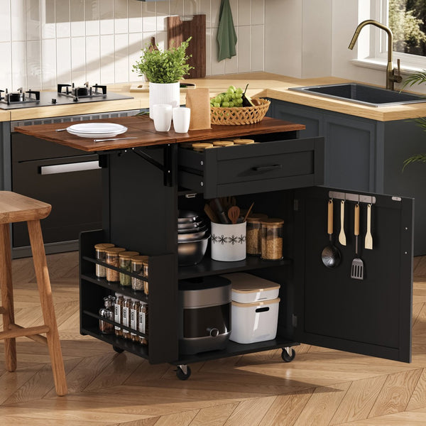 English Elm K&k Farmhouse Rolling Kitchen Cart with Drop Leaf Drawer Open Rack Lockable Wheels Black N707P404539B