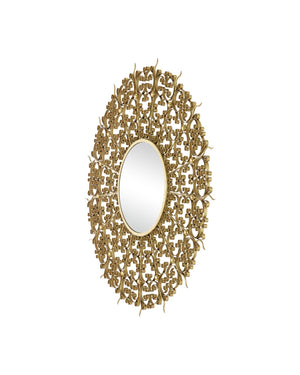 Currey & Company Levain Round Mirror - Elegant Convex Design With Ornate Gold Leaf Frame, Timeless Vintage Charm Brass Iron ,Glass ,Engineered Wood 1000-0165-currey-company