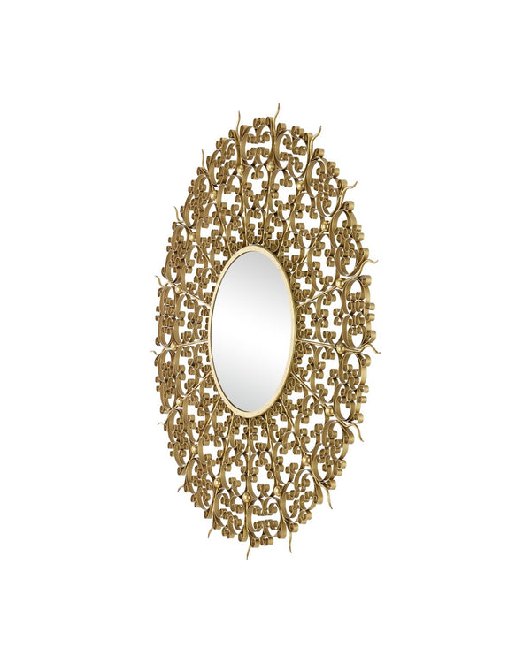 Currey & Company Levain Round Mirror - Elegant Convex Design With Ornate Gold Leaf Frame, Timeless Vintage Charm Brass Iron ,Glass ,Engineered Wood 1000-0165-currey-company