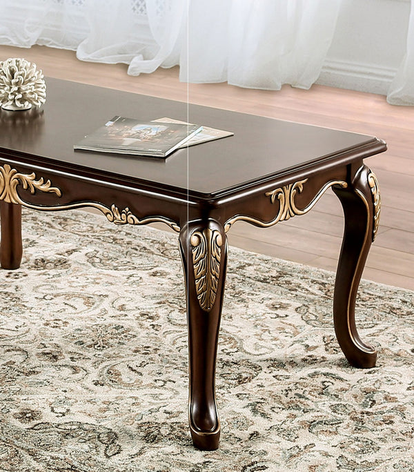 English Elm Rich Solid Wood Coffee Table 48"W x 27.5"D Classic Tobacco Finish Carved Cabriole Legs Gold Accents Elegant Design B2741P361145