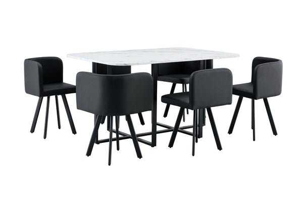 English Elm 7-piece Faux Marble Dining Set with Pu Chairs and Iron Base for Small Spaces W3875S00010