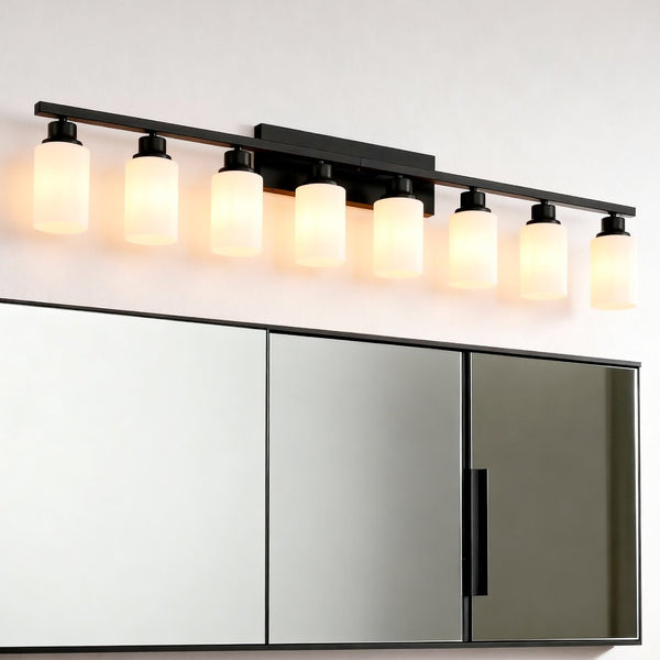 English Elm Wall Vanity Light Eight Bulb Matte Black Metal Glass Shade Modern Bathroom Fixture W5008P389870