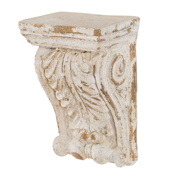 English Elm 5.1x4.7x9.3" Antique White Wall Shelf — Weathered Cream Cornice with Intricate Leaf & Fauna Detail, Narrow Decorative Accent W2078P313321