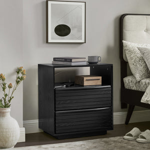 English Elm Mid Century Modern nightstand with USB charging, louver drawers, open shelf and hidden cord storage Black W1801P303391