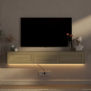 English Elm Floating Wall Mounted Tv Shelf with Led Backlight Gloss Cabinet and Built in Power Strip W1321P391272