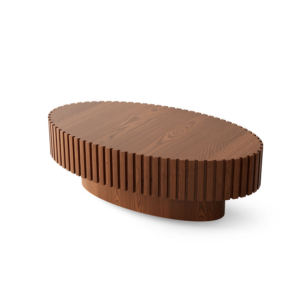 English Elm Oval Handcrafted Relief Coffee Table with Sturdy MDF Pedestal, Olive-Inspired Shape, Easy Assembly, Modern Chic Design Natural Wood W3081P255090