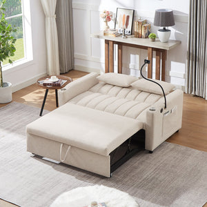 English Elm 55.9" Convertible Sofa Bed Loveseat with 3 USB Ports, Cup Holders, Side Pockets & 360° Phone Swivel Beige WF322620AAA