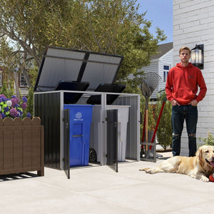English Elm Garbage Bin Shed Galvanized Steel Enclosure for Two Cans Outdoor Weather Resistant Dark Gray W1598P357714
