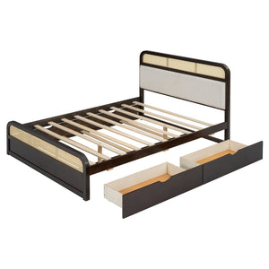 English Elm Queen Wooden Platform Bed With Trundle, 2 Storage Drawers & Padded Headboard In Espresso Finish N820S00010P-GIGA