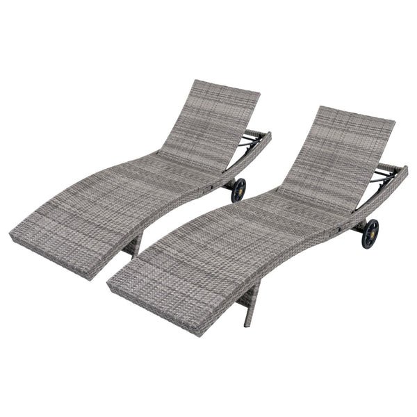 English Elm K&k Outdoor Wicker Reclining Chaise Set 2 Piece with Pull Out Tray Rolling Wheels Grey N707P395515E