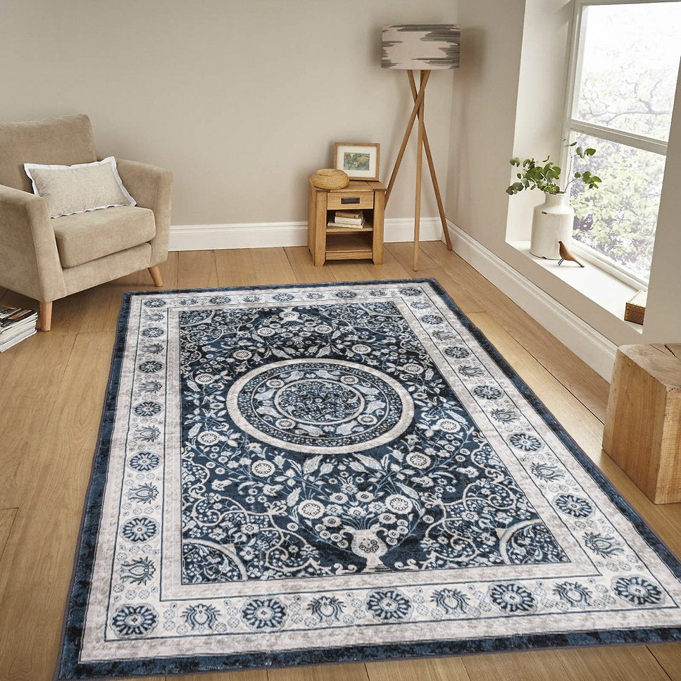 English Elm Area Rug 5X7 Vintage Bohemia Persian Floral Design In Navy Blue - Non-Slip, Washable, Durable Comfort W2907P265036