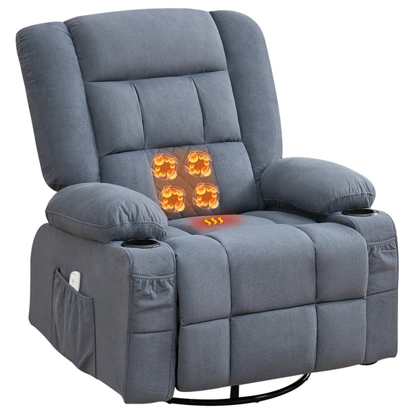 English Elm Kneading Massage Rocker Recliner with 4‑Point 3D Kneading, Heat, USB Port, Cup Holders & Swivel Comfort Blue W1521P390947