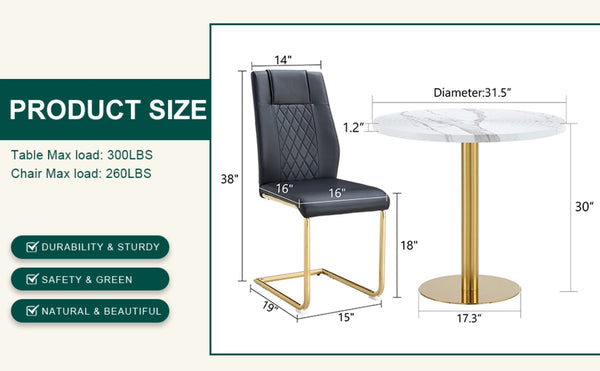 English Elm Table 31.5-Inch Round Dining Set With Elegant White Marble Top & 4 Black Pu Chairs, Gold Legs W1151S02492-GIGA
