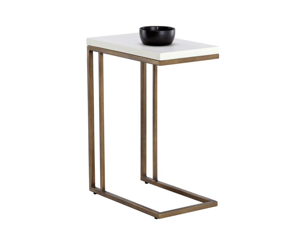 Sunpan Sawyer C-Shaped End Table: Stylish Minimalist Accent for Small Spaces with Unique Concrete Top Antique Brass / White