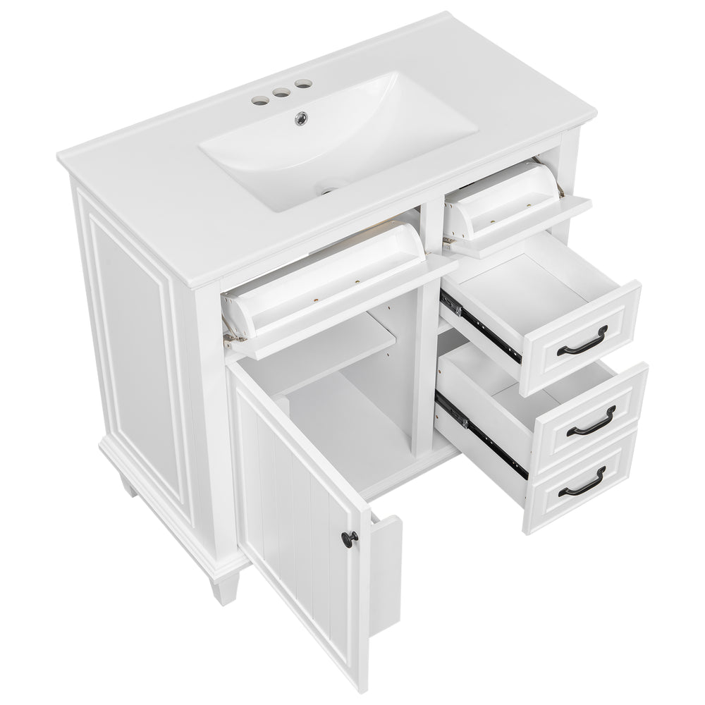 English Elm 36 Inch Bathroom Vanity - Modern Ceramic Sink, Solid Wood Frame, Adjustable Storage & Soft-Close Doors N725P336554K