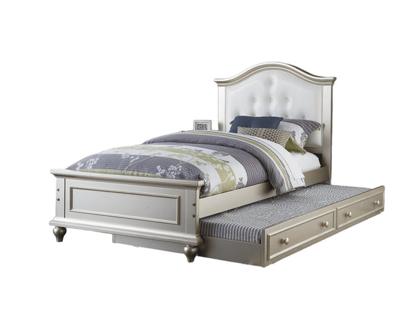English Elm Contemporary Twin Bed with Trundle and Tufted Upholstered Headboard, Sturdy Slats, Kids Bedroom Furniture Silver,White 83 L x 12 W x 9 H B011S02034