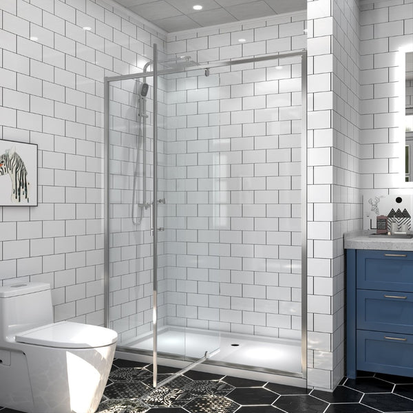 English Elm 54" Pivot Shower Door Clear Tempered Glass Chrome Hardware Reversible Alcove Fit W637P184674
