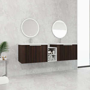 English Elm 72 Inch Soft Close Vanity with Resin Sink & Small Shelves, Wall-Mounted 72" Dual-Door Storage, Eco Plywood Finish W999S00261