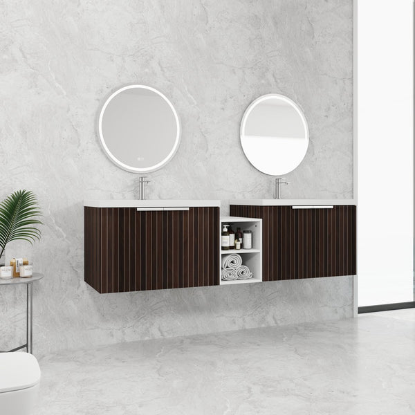 English Elm 72 Inch Soft Close Vanity with Resin Sink & Small Shelves, Wall-Mounted 72" Dual-Door Storage, Eco Plywood Finish W999S00261