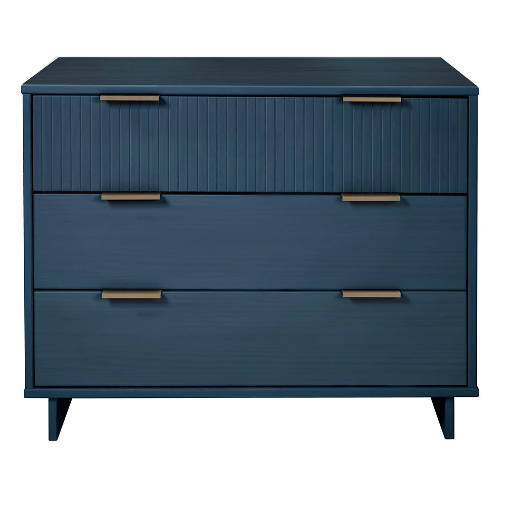 English Elm Granville 38" Dresser In Luxurious Midnight Blue - 3 Drawers, Ribbed Design, Gold Hardware, Modern Glam B365S00077