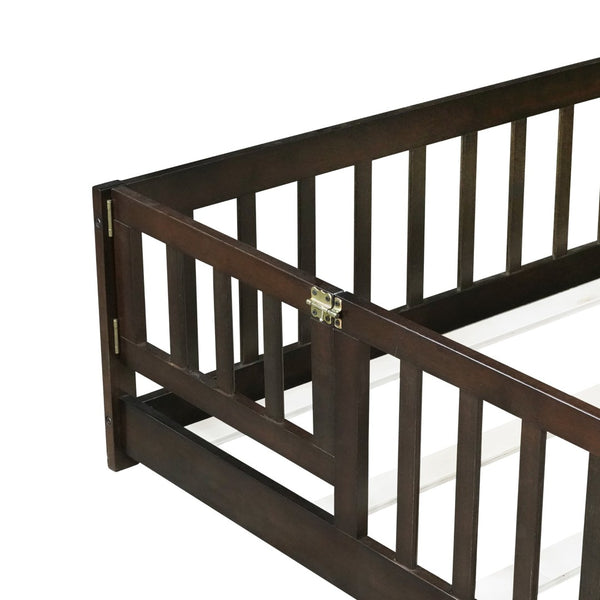 English Elm Full Size Rubberwood Floor Bed with Safety Guardrails and Latching Door for Toddlers Espresso W504P429302