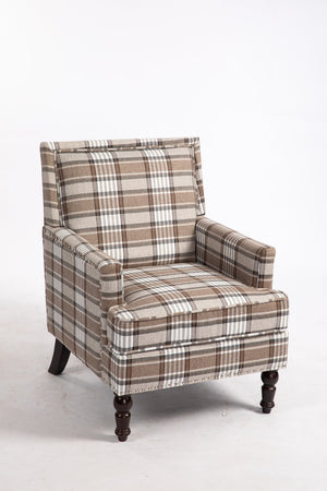 English Elm Upholstered Vintage Armchair with Striped Linen Look, Nailhead Trim, High-Density Foam Comfort Coffee W2530P174776