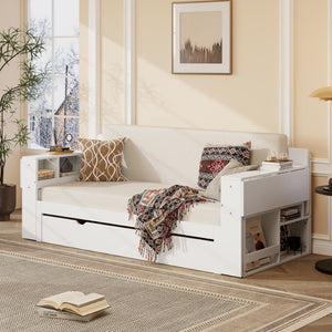 English Elm Queen Daybed with Hydraulic Desk Storage Drawers and Convertible Sofa for Small Spaces White LT000272AAK