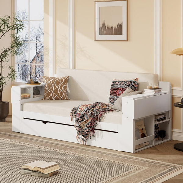 English Elm Queen Daybed with Hydraulic Desk Storage Drawers and Convertible Sofa for Small Spaces White LT000272AAK