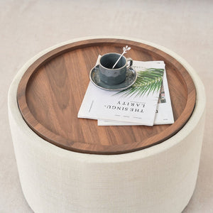 English Elm Ball Cast Round Nesting Ottoman Set Linen Upholstered Hidden Storage with Wooden Tray Beige W3163P379373