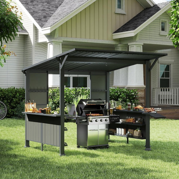 English Elm 9x10ft Hardtop Outdoor Grill Gazebo Galvanized Steel Canopy with Shelves for Patio Gray W1859S00180