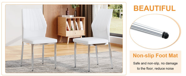 English Elm Table and Chair Set Marble Glass Top Silver Legs White Pu Seating for Modern Dining W1151S04646