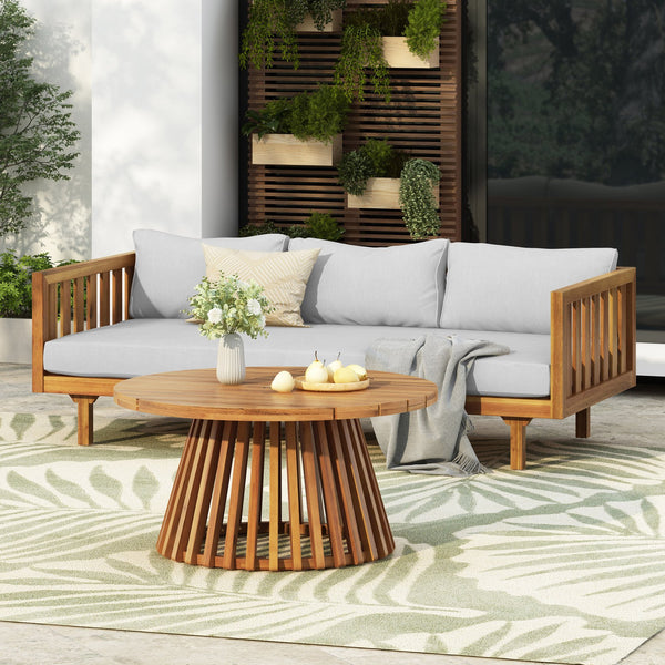 English Elm Christopher Knight Home® - Acacia Acacia Wood Patio Daybed and Round Coffee Table Set with Water-Resistant Cushions, Stylish Outdoor Lounge Light Gray,Teak N770P234486F_66327.00BGE