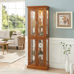 English Elm Curio Display Cabinet with Internal Lighting, Mirrored Back, 6 Adjustable Shelves, Glass Doors Oak W1693P154580