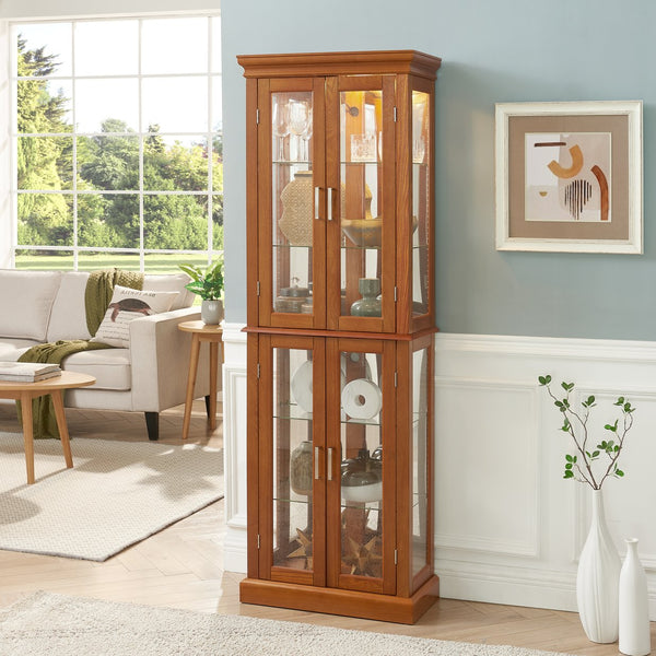 English Elm Curio Display Cabinet with Internal Lighting, Mirrored Back, 6 Adjustable Shelves, Glass Doors Oak W1693P154580